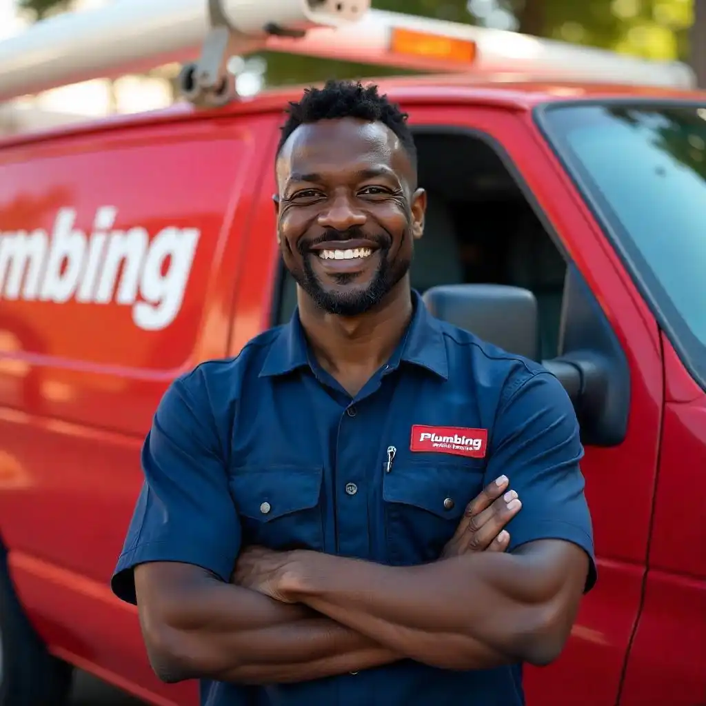 A happy, confident local plumbing business owner who grow his business with the help of Metroranks service