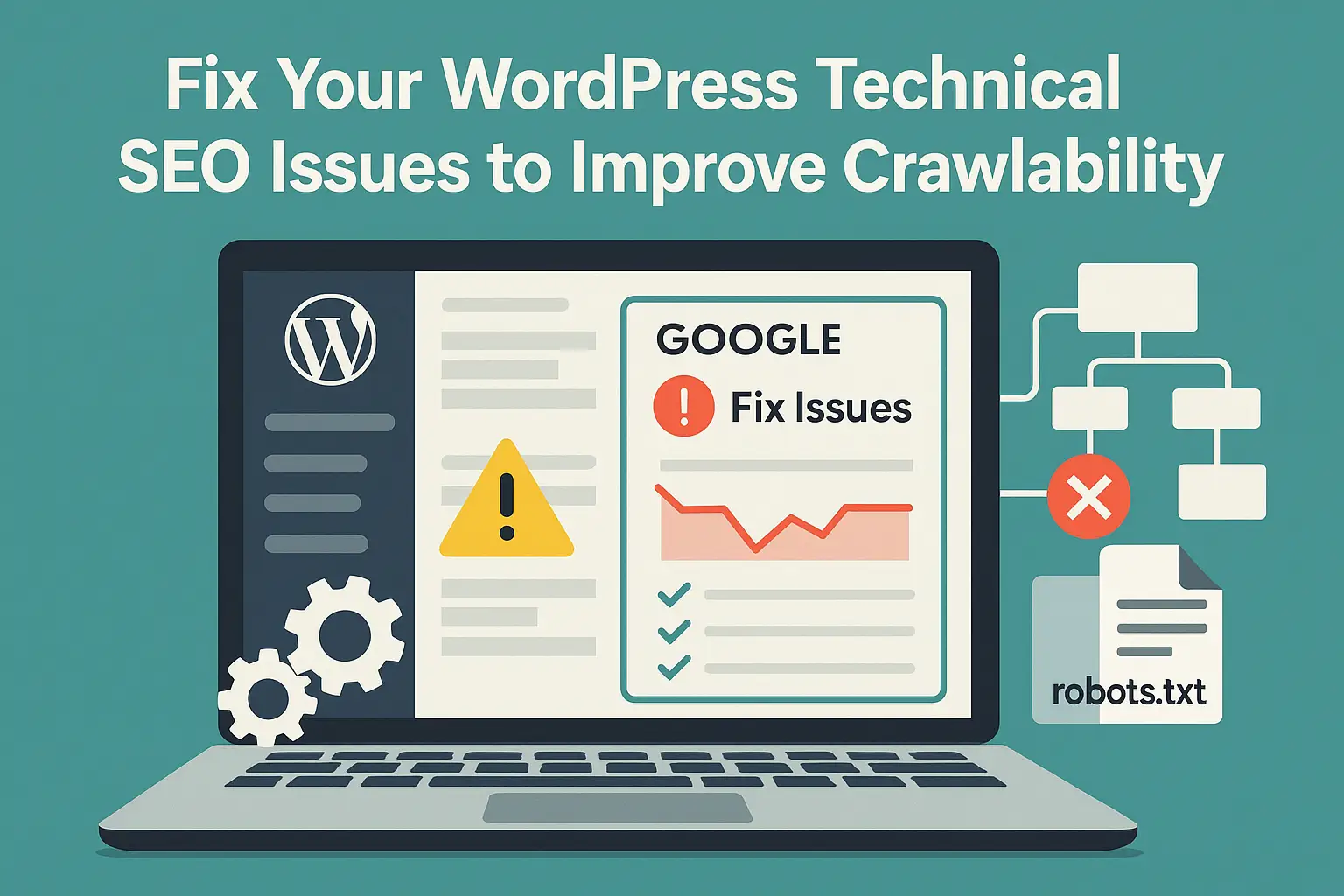 a computer screen with a diagram and gears - Fix WordPress Site Technical SEO Issues to Improve Crawlability